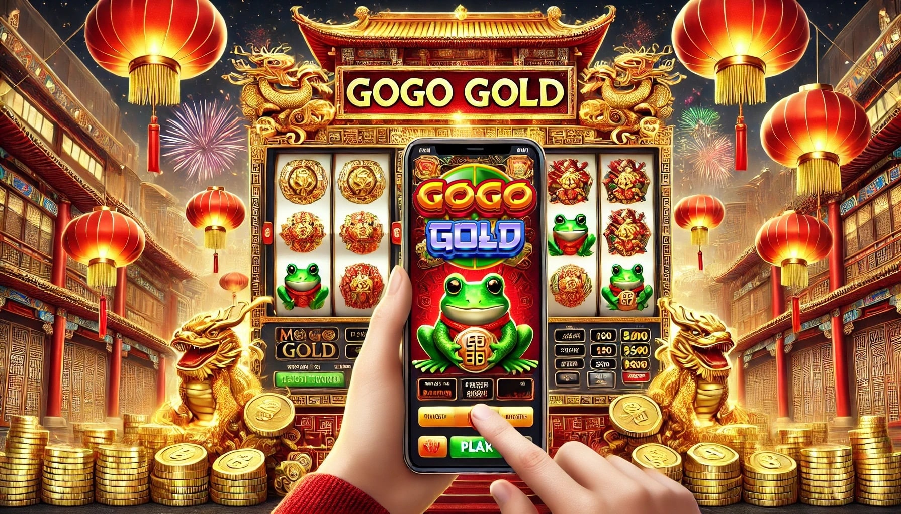 Scene from the game 'GoGo Gold' showing a mobile screen with the game interface, surrounded by gold coins, dragons, and red lanterns, set in a traditional Asian architectural setting.